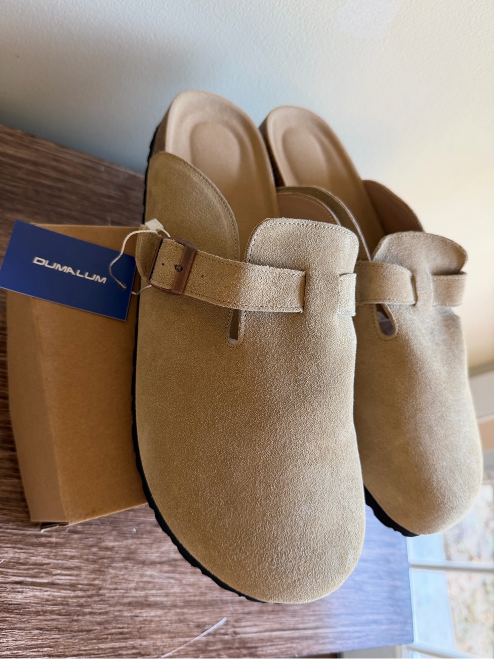 Dumalum Women's Suede Slip-On Clogs in Beige